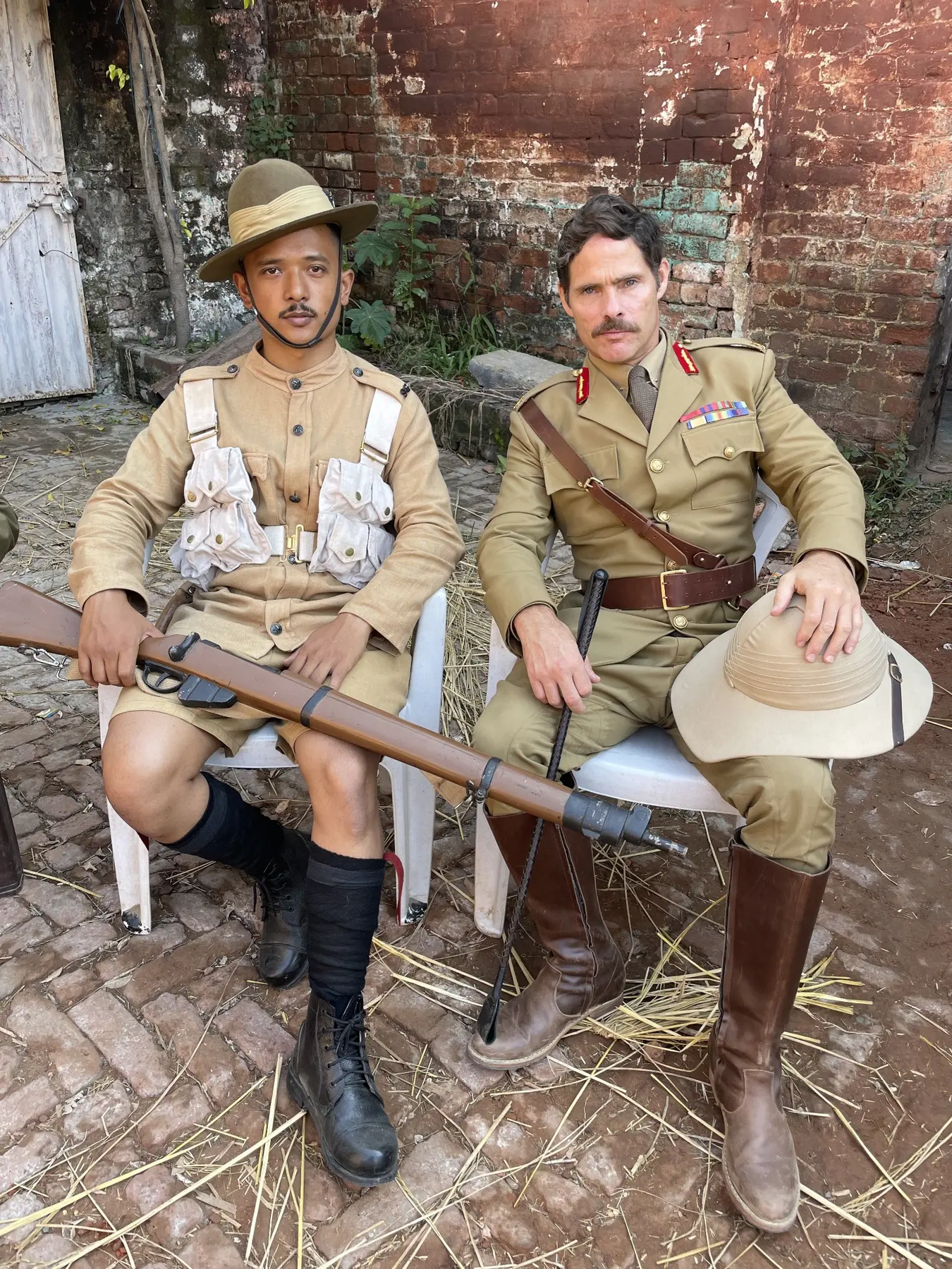 Alex Reece as General Dyer with Nepali actor Diggaj Khatri between takes on The Waking of a Nation