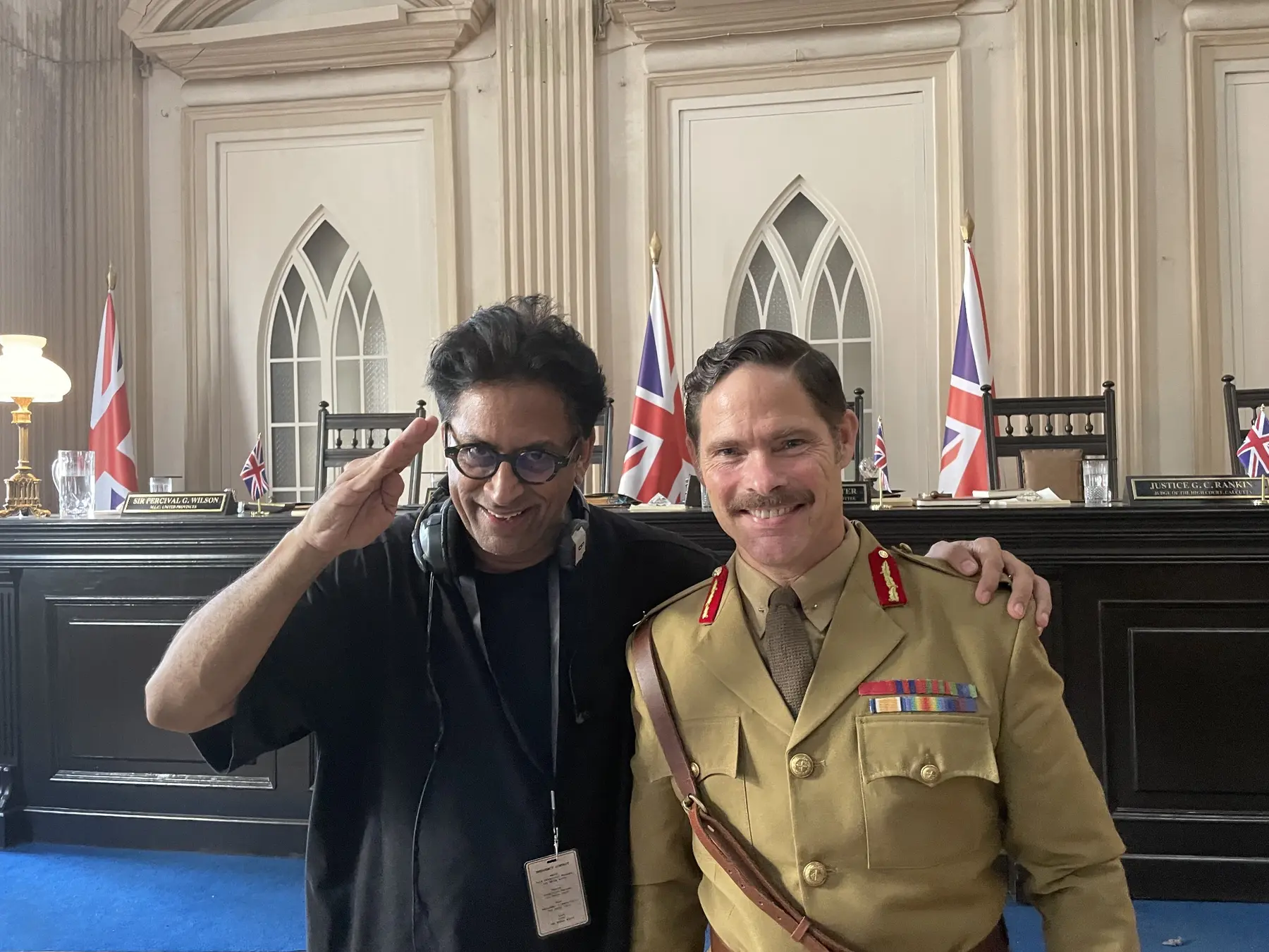 Alex Reece in costume as General Dyer with director Ram Madhvani on the set of The Waking of a Nation