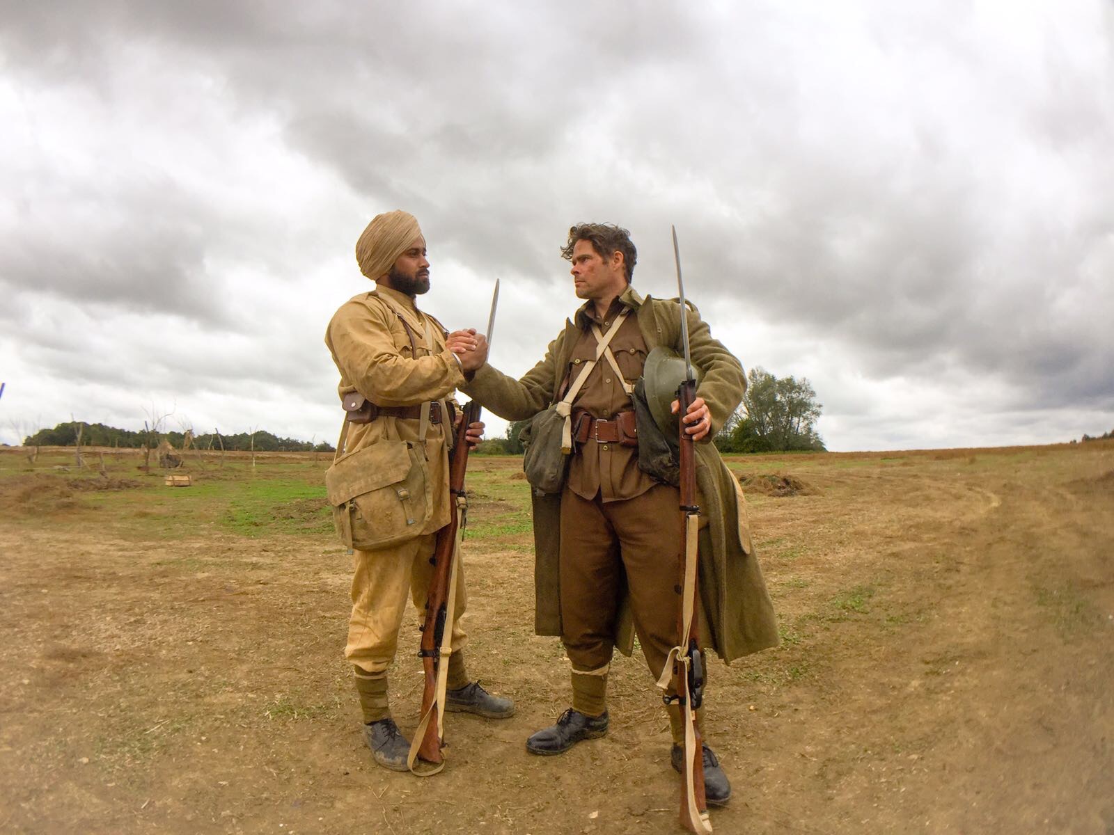 Diljit Dosanjh and Alex Reece in costume on the set of Sajjan Singh Rangroot