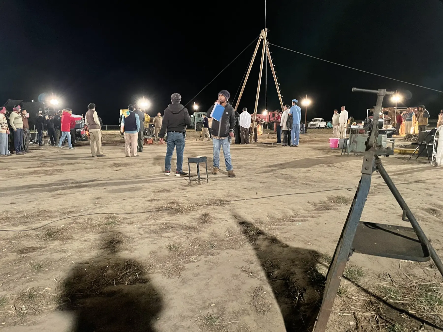 Large night unit and performers filming Mission Raniganj