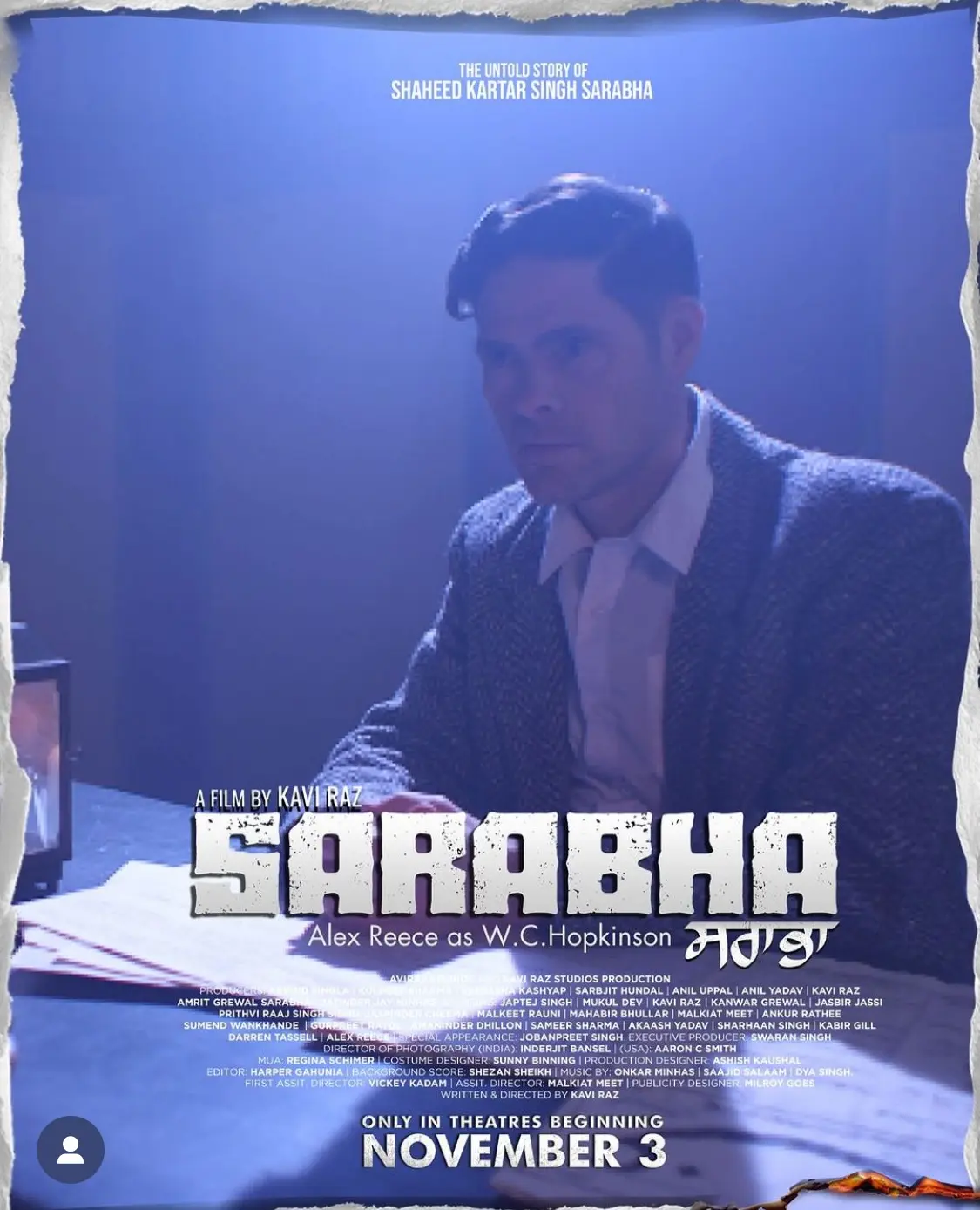Promotional character artwork showing Alex Reece as W.C. Hopkinson in Sarabha
